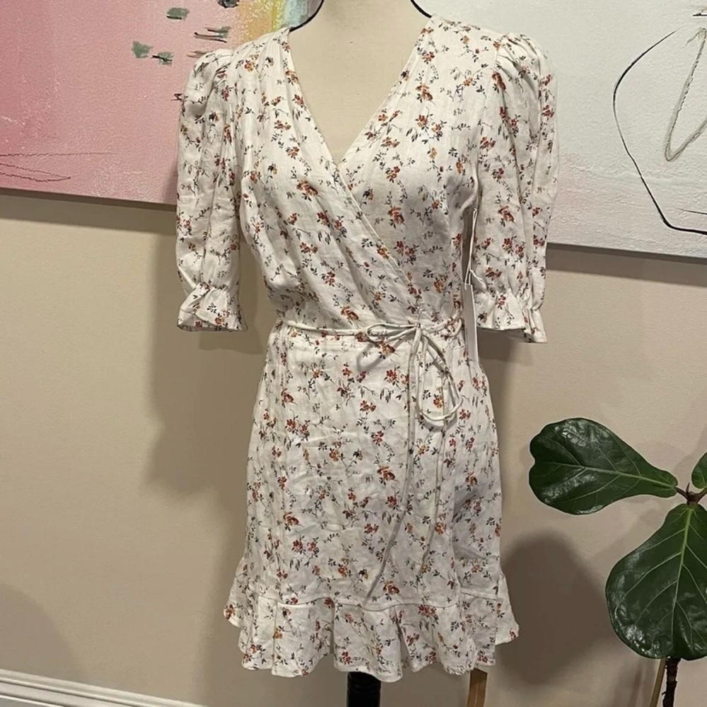 Reformation Carmelo Gabrielle Linen Floral Wrap Mini Dress Size Large Boho NWT
